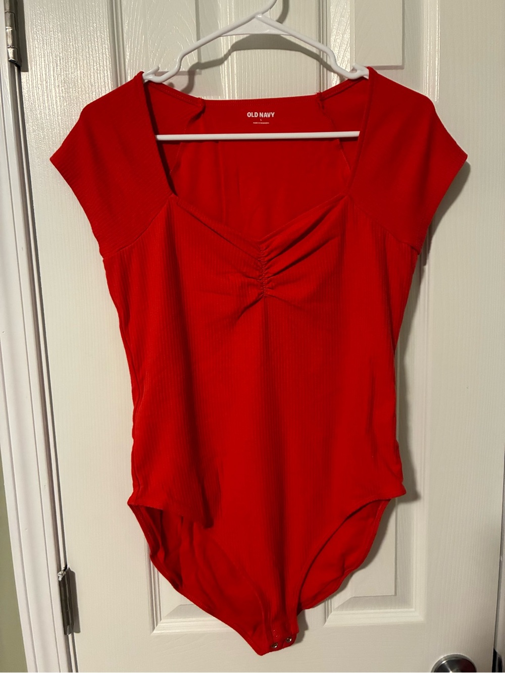 Old Navy Red Ribbed Cap Sleeve Bodysuit with Ruched Front